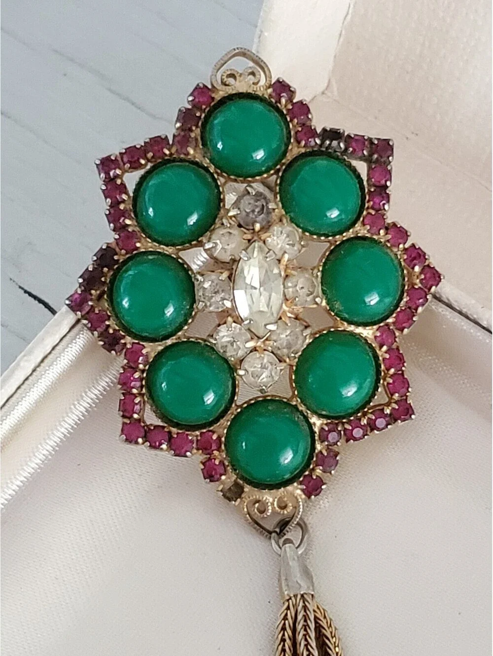 Vintage Green Cabochons Purple Rhinestone Mesh Dangle Brooch